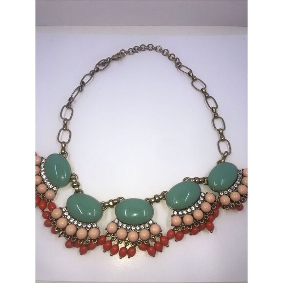 J CREW Teal, Orange, Peach, GLASS & CRYSTAL DRAMATIC RUNWAY NECKLACE Vintage - Picture 1 of 13